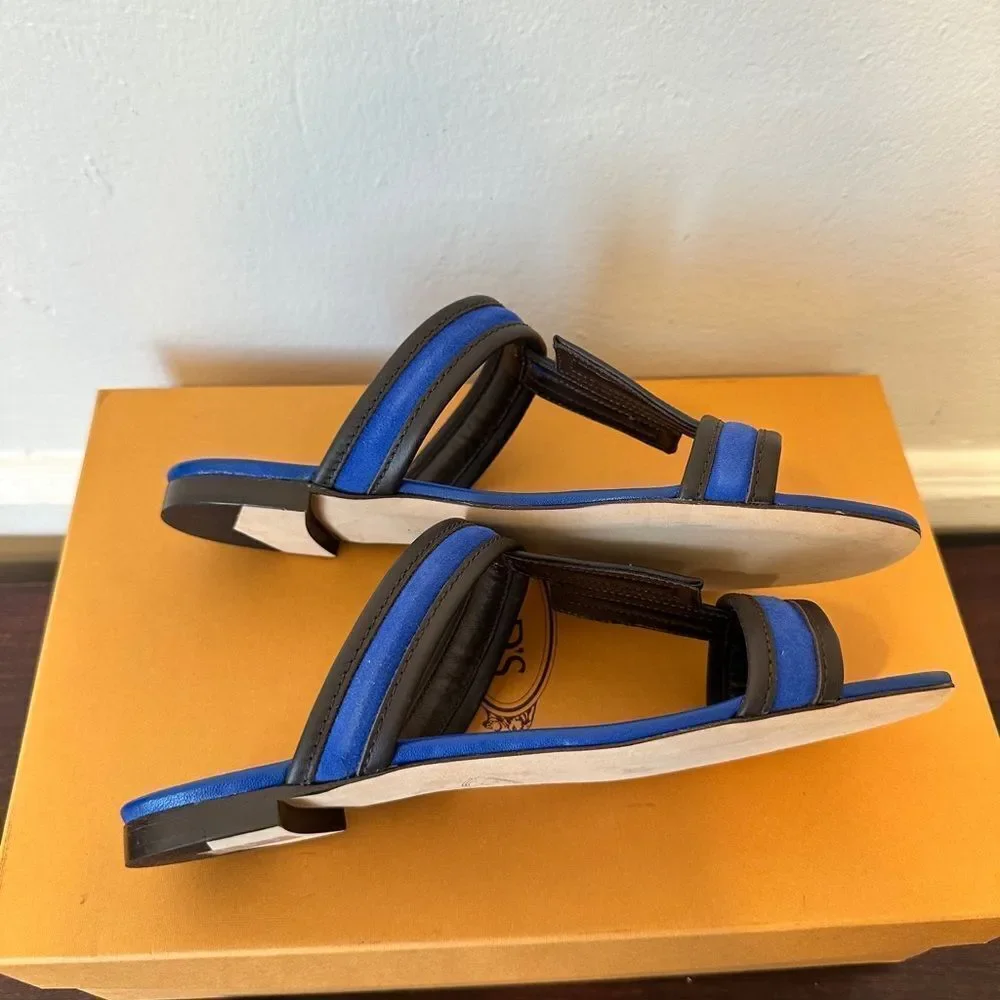 Tods Women’s open toe, slip-on leather blue stylish sandals size 7, NIB
